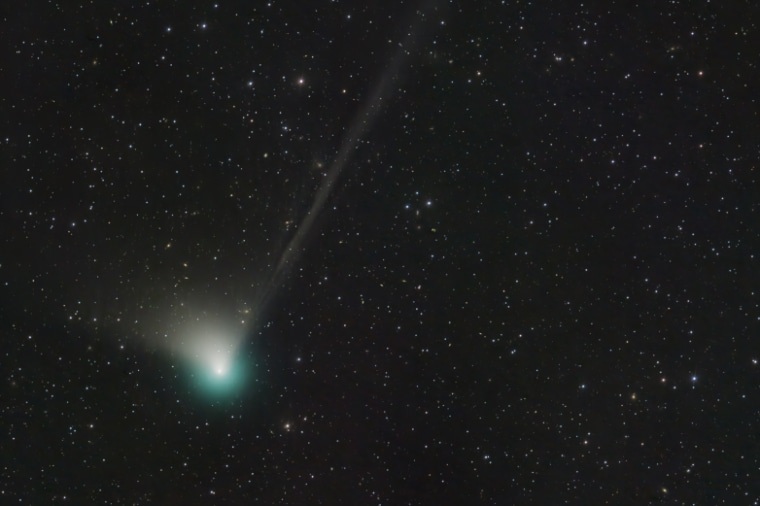 Comet C/2022 E3 (ZTF)'s brighter greenish coma, short broad dust tail, and long faint ion tail on Dec. 25, 2022.