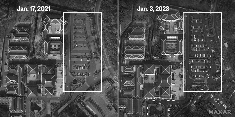 Satellite images show an increase in the number of cars parked outside a funeral house in Huzhou, China.