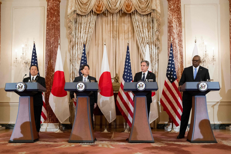 Japanese Defense Minister Yasukazu Hamada (L), Japanese Foreign Minister Yoshimasa Hayashi (2nd L), US Secretary of State Antony Blinken (2nd R) and US Secretary of Defense Lloyd Austin (R) hold a press conference following meetings at the US Department of State in Washington, DC, on January 11, 2023.