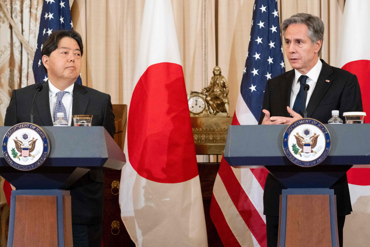 US Secretary of State Antony Blinken (R) speaks alongside Japanese Foreign Minister Yoshimasa Hayashi during a press conference following meetings at the US Department of State in Washington, DC, on January 11, 2023.