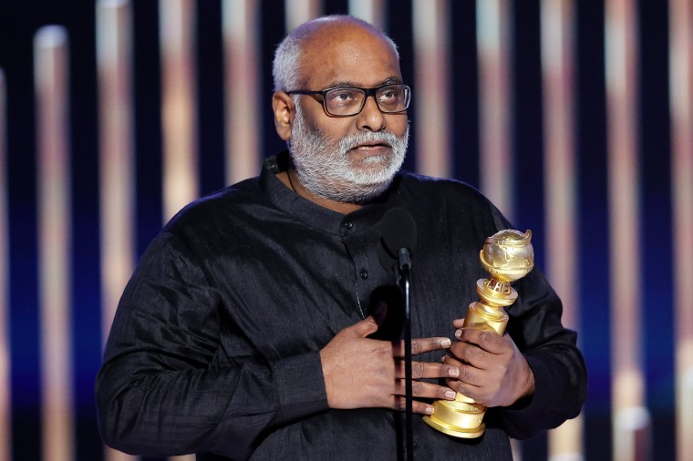 M.M. Keeravani accepts the Best Original Song award during the Golden Globe Awards