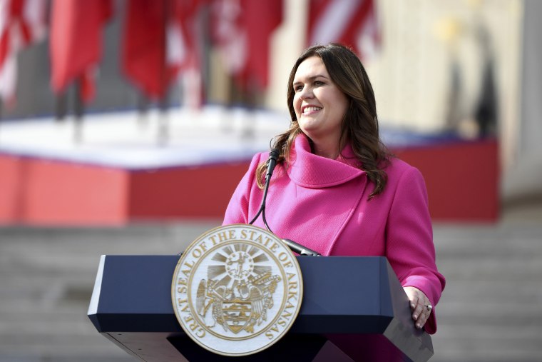 Gov. Sarah Huckabee Sanders speaks after taking the oath of the office