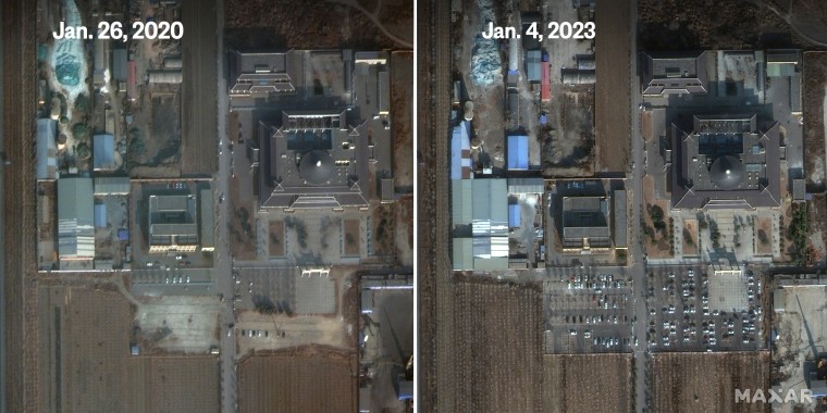 Satellite images show the addition of parking spaces at a funeral home in Tangshan, China.