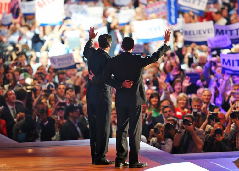 Former Massachusetts Gov. Mitt Romney and his running mate Rep. Paul Ryan, R-Wis., after accepting their party's nomination at the Republican National Convention on Aug. 30, 2012 in Tampa, Fla.