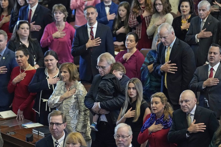 The Texas House of Representatives with family and guests during the opening ceremony of the 88th Annual Texas Legislative Assembly in Austin on January 10, 2023. 