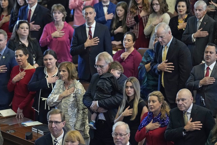 Texas House members with family and guests at the opening of the 88th Texas Legislative Session in Austin on Jan. 10, 2023. 