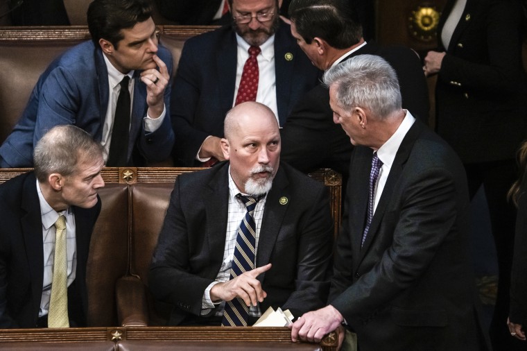 Rep. Chip Roy, R-Texas, center, House Republican Leader Kevin McCarthy, R-Calif., right, and Rep. Jim Jordan, R-Ohio, on the House floor of the U.S. Capitol before a vote in which McCarthy did not receive enough votes to become Speaker of the House on Jan. 4, 2023.