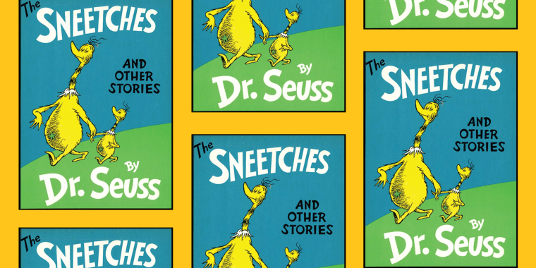 Photo illustration: Repeated covers of the book,"The Sneetches and other stories" by Dr. Seuss on a yellow background.