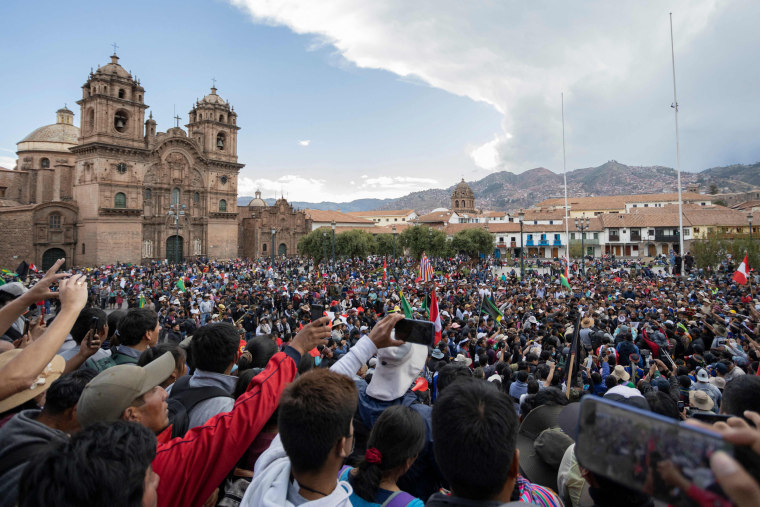 People take part in a demonstration Cusco, Peru