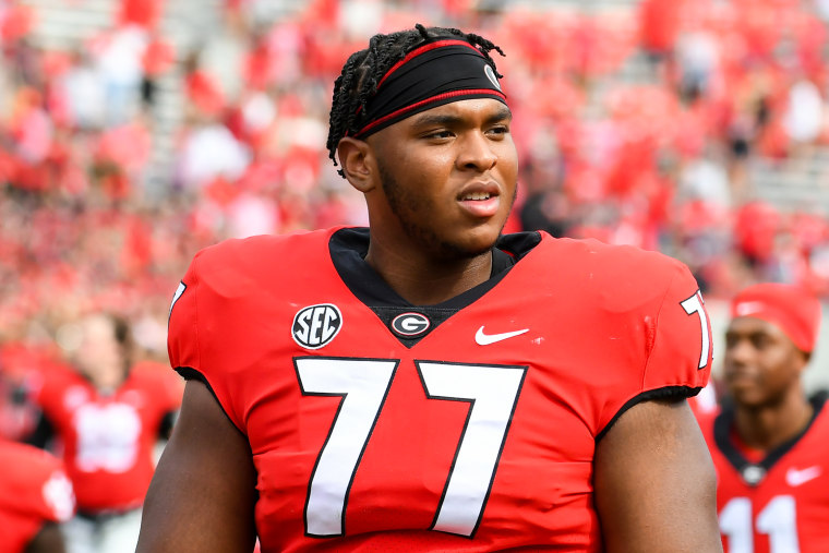 Georgia Bulldogs Offensive Linemen Devin Willock after a game against the Arkansas Razorbacks on Oct. 2, 2021, in Athens, Ga.