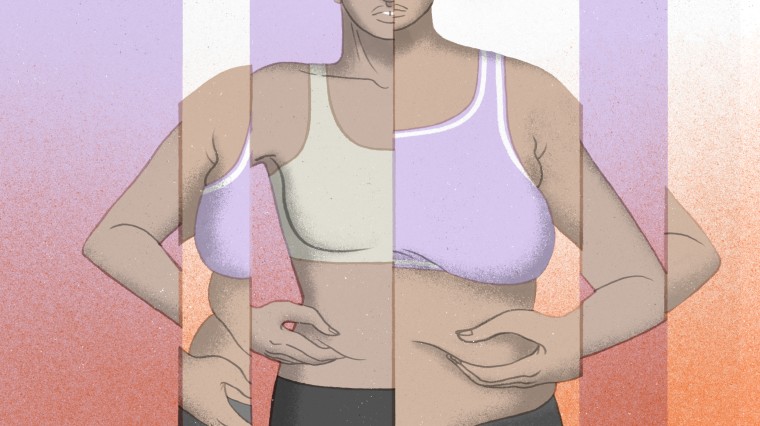 Drawn illustration of panels of mirrors showing two bodies, one thinner and one heavier, as their hands squeeze different parts of their abdomens.