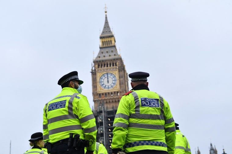 Metropolitan police officers in London on Jan. 15, 2022. 