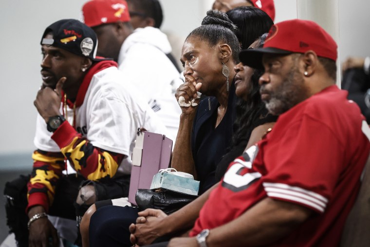 LaRay Honeycutt, center, along with family members attend a memorial service for her grandson Tyre Nichols, on Jan. 17, 2023, in Memphis, Tenn.