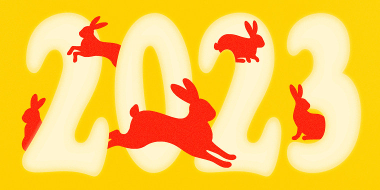 Illustration of red rabbits jumping through an illuminated 2023.