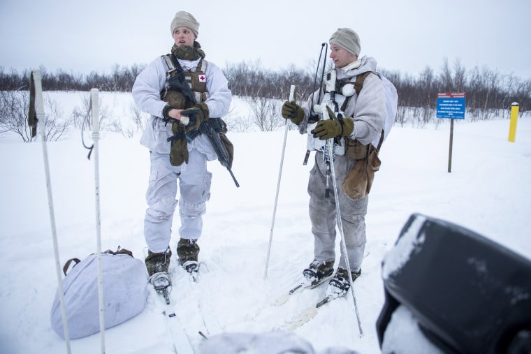 Norwegian soldiers patrol the border with Russia near Korpfjells, Norway on Feb. 24, 2022. 