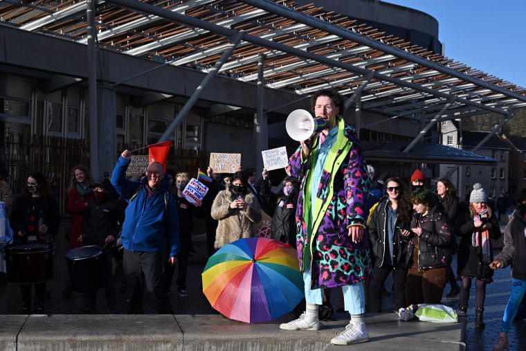 A large group protested over the provisions of the Act and concerns over potential changes to guidance on sex education in schools, with a smaller group voicing their support for the Act and gender self-identification, which the Act makes easier, on January 12, 2023 in Edinburgh, Scotland.