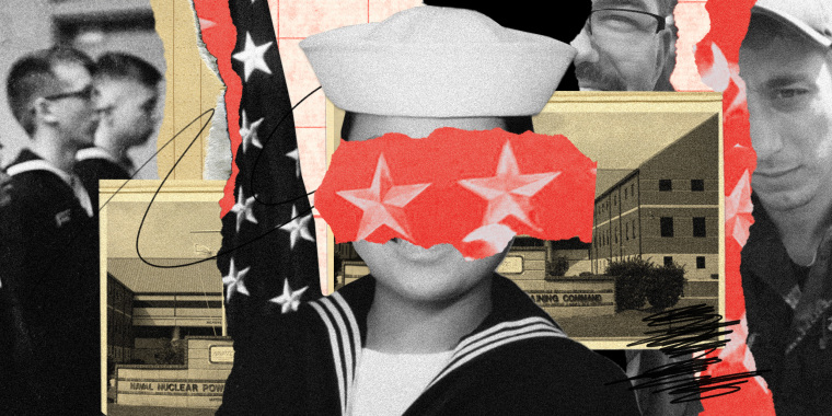 Photo collage showing images of naval officers, facade of the Naval Nuclear Power Training Command, red stars over the portrait of a person in a naval uniform. Scribbles can be seen over the photos.
