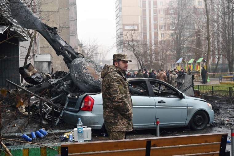 The scene where a helicopter crashed near a kindergarten outside the capital Kyiv, killing Sixteen people, including two children and Ukrainian interior minister Wednesday.
