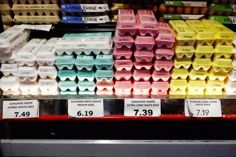 Eggs are seen on a shelf at Pioneer Supermarkets in Brooklyn