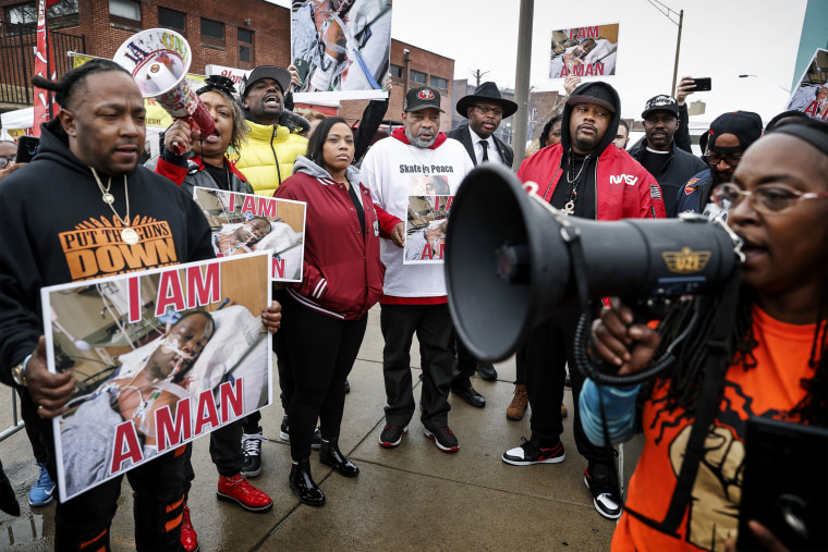 Family members and local activists hold a rally for Tyre Nichols at the National Civil Rights Museum in Memphis, Tenn., on Jan. 16, 2023.