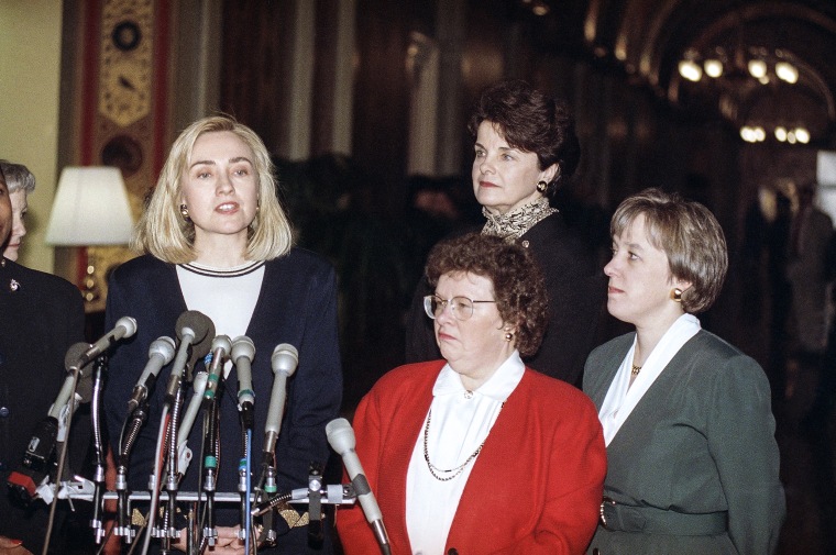 First lady Hillary Rodham Clinton, left, Sen. Barbara Mikulski, D-Md., Sen. Dianne Feinstein, D-Calif., and Sen. Patty Murray, D-Wash., meet reporters, accompanied by female members of the Senate, after a meeting on Capitol Hill on March 11, 1993 to discuss health care issues.