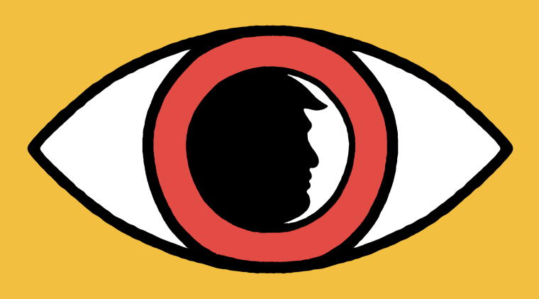 Illustration: A silhouette of Donald Trump appears in the pupil of a large eye, with a red iris, set against a yellow background.