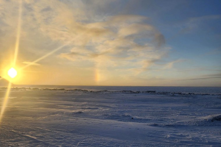 The view from the front of the school in in Wales, Alaska, where a 24-year-old woman and her 1-year-old son were killed in an encounter with a polar bear on Tuesday, Jan. 17, 2023, is seen in this photo taken on Sunday, Jan. 15, 2023, by Chrissy Friberg, a traveling optician who was providing services in the village.