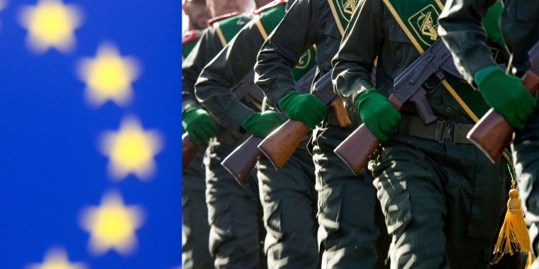 Photo diptych: Close up of the European Union flag and members of Iran's Revolutionary Guards participating in a military parade.