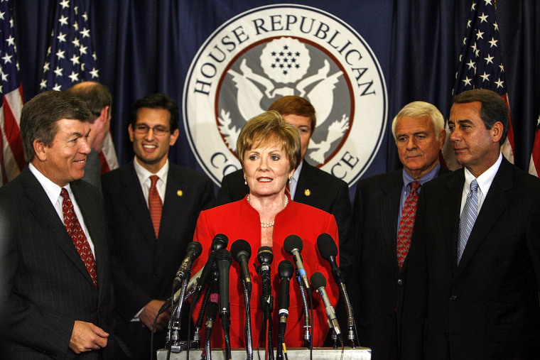 Rep. Kay Granger, R-Texas, speaks while other newly elected House Republican leadership members look on during a news conference on Capitol Hill Nov. 17, 2006.