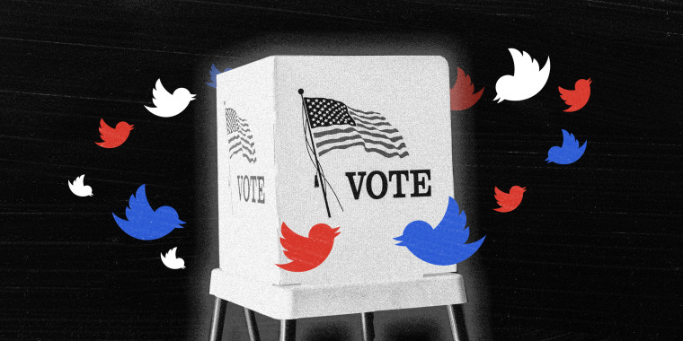 Photo illustration: A voting booth surrounded by Twitter logos in red, white and blue colors.