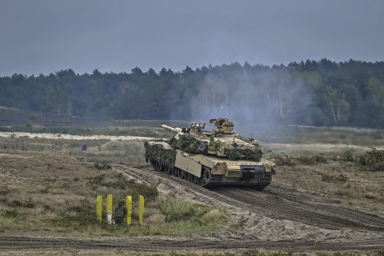 A U.S. Abrams tank at the training grounds in Nowa Deba, Poland, on Sept. 21, 2022.