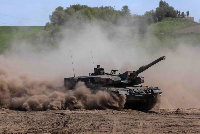 A Polish Leopard tank takes part in a military exercise in Nowogard, Poland, on May 19, 2022.