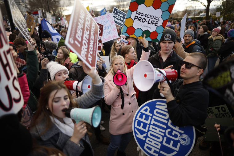 Anti-abortion and abortion rights activists protest during a March for Life rally in front of the U.S. Supreme Court on Jan. 20, 2023.