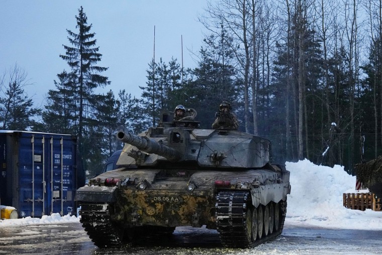 Britain's Challenger 2 tank moves at the Tapa Military Camp, in Estonia, Thursday, Jan. 19, 2023. 