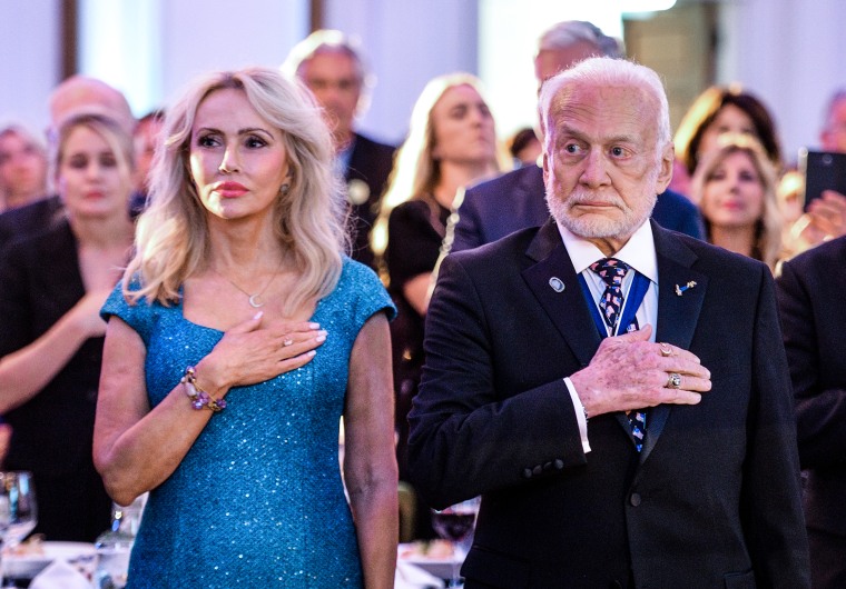 Buzz Aldrin and his girlfriend, Anca Faur at the Richard Nixon Presidential Library and Museum in Yorba Linda, Calif., on July 23, 2019.