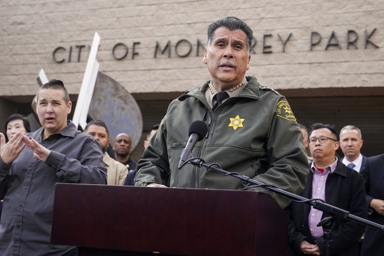 Los Angeles County Sheriff Robert Luna speaks outside the Civic Center in Monterey Park, Calif., on Jan. 22, 2023.