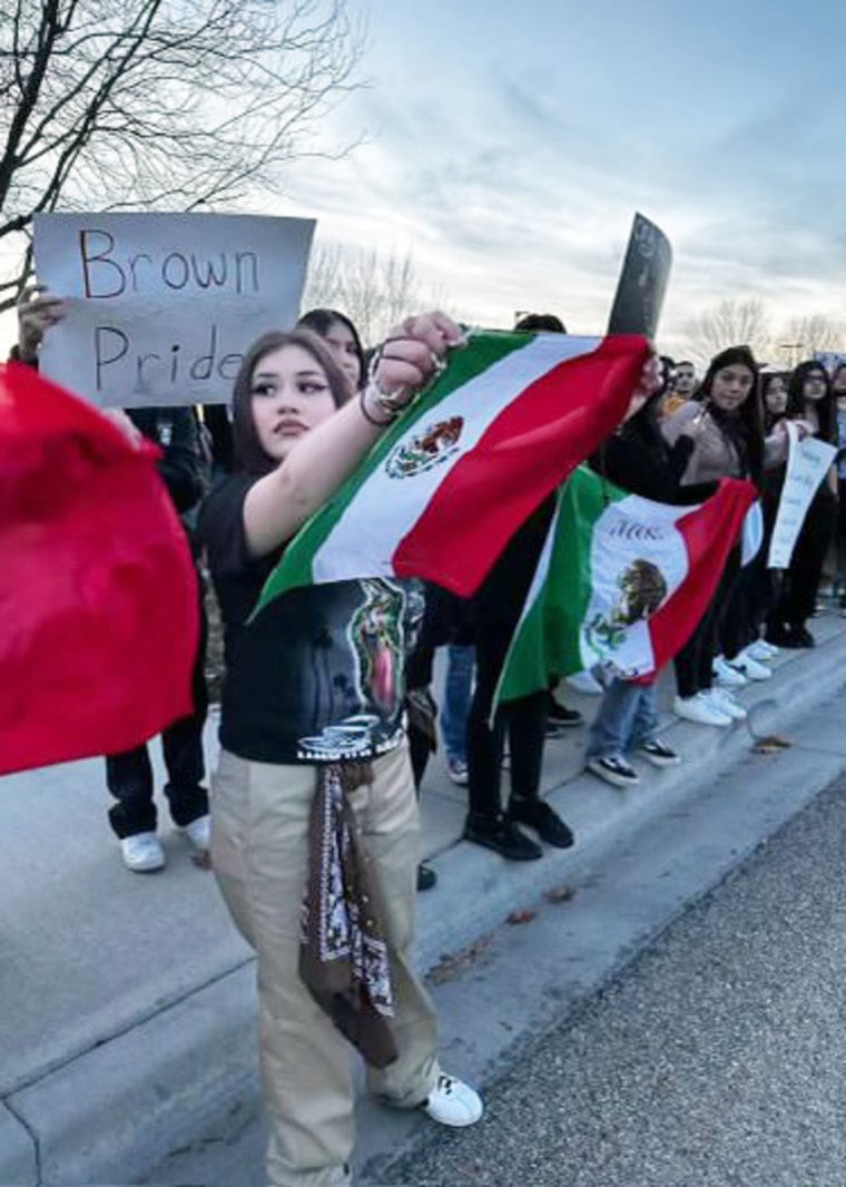 Brenda Hernandez waves the Mexican flag on the day of the protest on January 17. 