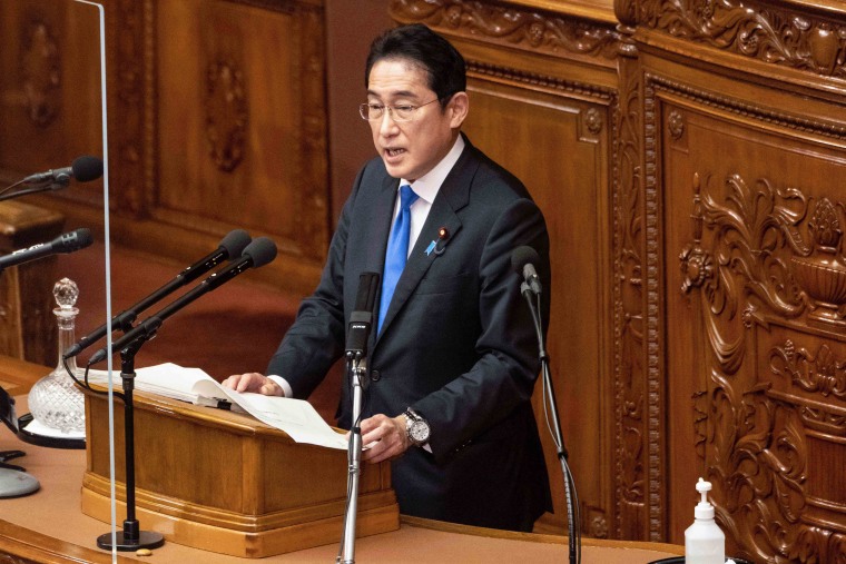 Japan's Prime Minister Fumio Kishida delivers a policy speech at the Ordinary Diet session in Tokyo on January 23, 2023.