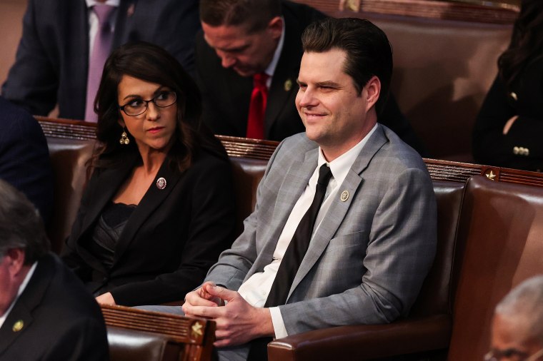 Rep.-elect Matt Gaetz, R-Fla., sits next to Rep.-elect Lauren Boebert, R-Colo., in the House Chamber during the fourth day of elections for Speaker of the House on Jan. 6, 2023.