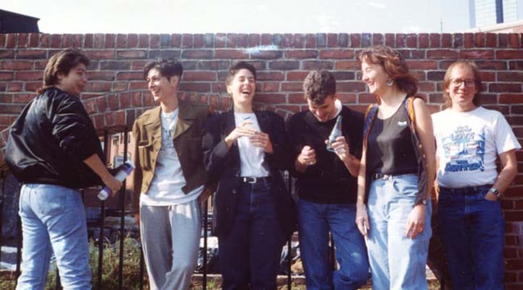 Jennifer Camper, Diane DiMassa, Alison Bechdel, Rob Kirby,
Joan Hilte, and Howard Cruse at an OutWrite conference.