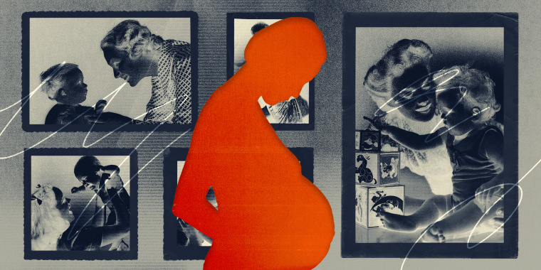 Photo Illustration: The silhouette of a pregnant woman in front of inverted photos of happy mothers and their children.