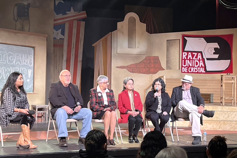 A play dramatizing the story made by former Crystal City students who organized walkouts to protest racism and unequal treatment was performed before sellout crowds.  From left to right, panel moderator and blogger Melanie Mendez-Gonzales, lawyer and professor José Ángel Gutiérrez (former student and strike organizer), Diana Serna (Crystal City student leader), Diana Palacios (former cheerleader at the that she was denied a position on the team because she was no longer a Mexican), Severita Lara (former student leader), Mario Treviño (former student leader).  Credit: David Lozano, Executive Director Teatro Casa Mía. 