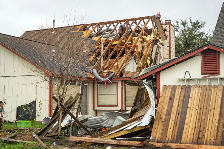 A home is damaged in Pasadena, Texas, where a tornado was reported to have passed Tuesday, Jan. 24, 2023.
