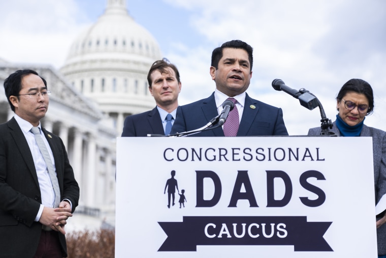 From left, Democratic Reps. Andy Kim, Dan Goldman, Jimmy Gomez and Rashida Tlaib announce the Congressional Dads Caucus on Jan. 26, 2023.