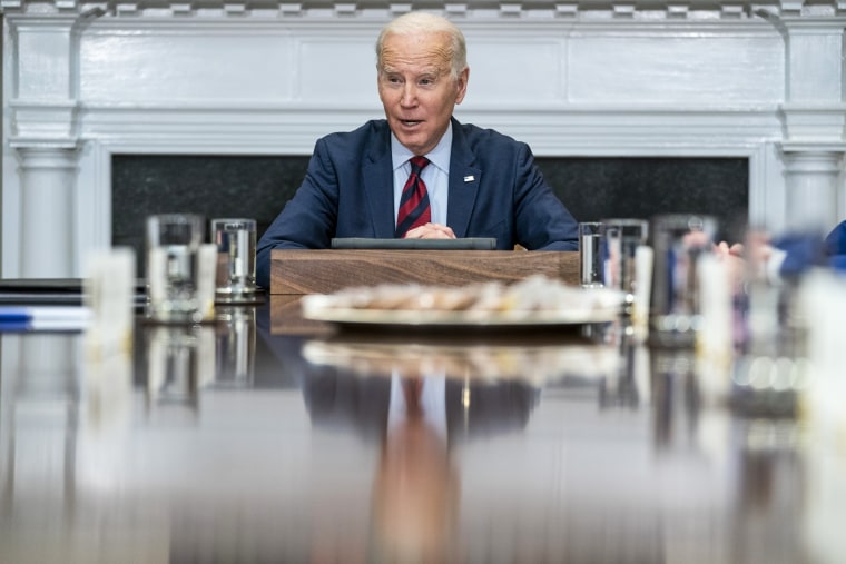 President Joe Biden speaks during a meeting with Democratic lawmakers in the Roosevelt Room of the White House on Jan. 24, 2023.