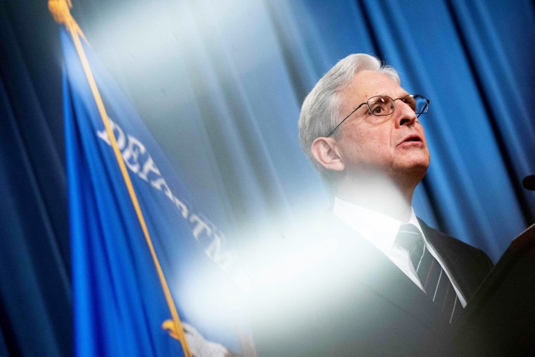 Attorney General Merrick Garland speaks during a news conference at the Justice Department building