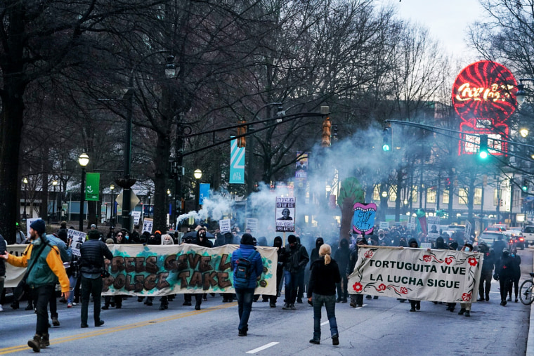 Demonstrators protest the death of environmental activist  Tortuguita on Jan. 21, 2023, in Atlanta.