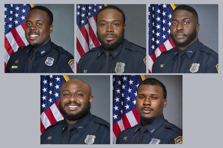 Oficiales de policía de Memphis, fila superior, de izquierda a derecha, Tadarrius Bean, Demetrius Haley y Emmitt Martin III.  Fila inferior, Desmond Mills, Jr. y Justin Smith.