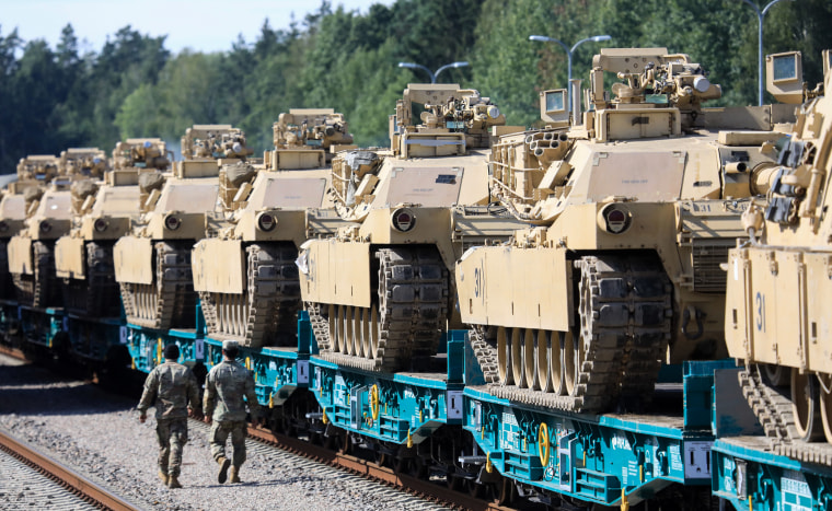 US Army Abrams tanks from the 2nd Brigade, 69th Regiment, 2nd Battalion at the Mockava train station in Lithuania on September 5, 2020.