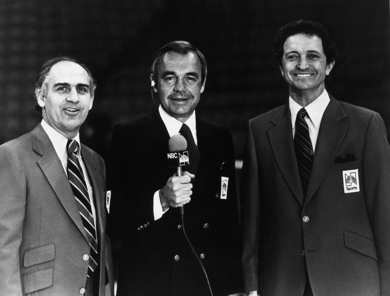From left, announcers Billy Packer, Dick Enberg, and Al McGuire